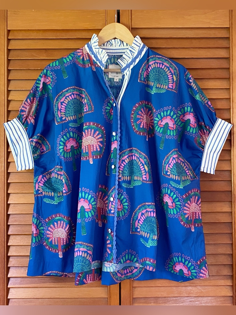 Umgee Top Women's Size Medium Boxy Button Up Shirt Short Sleeve Cotton Colorful